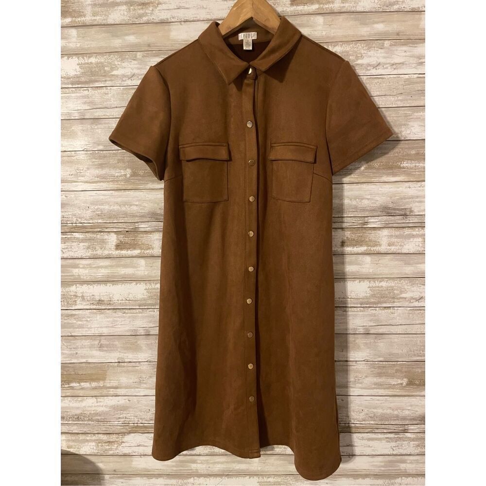 Spense Brown Short Sleeve Suede Button Up Dress Size 12 Knee Length​